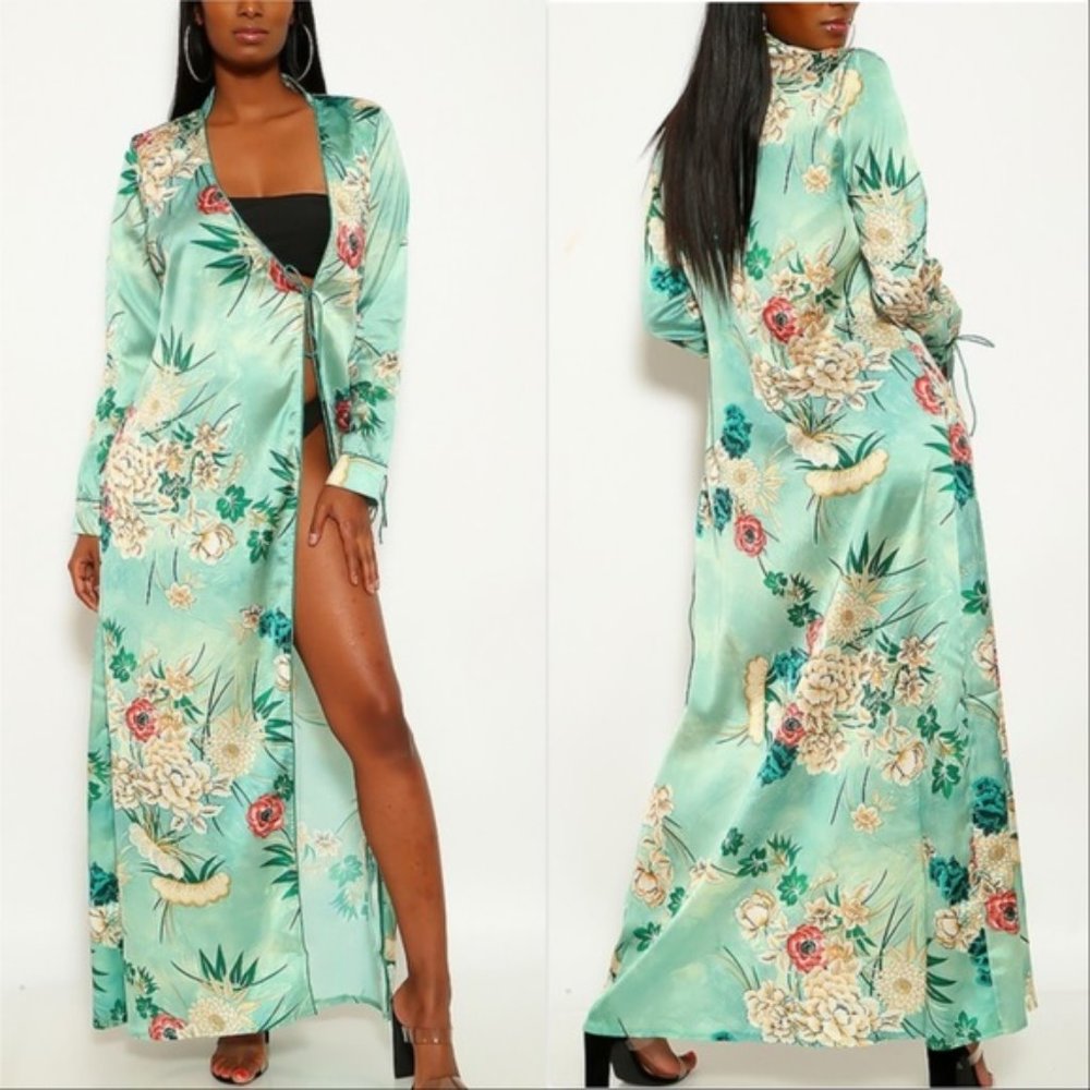 Sea Green Floral Print Duster Kimono - Picture 2 of 2